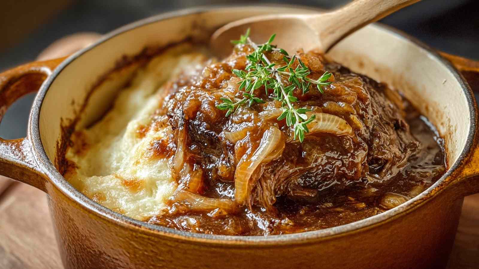 Savory French onion pot roast with caramelized onions in Dutch oven