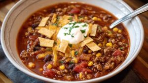Slow cooker taco soup in white bowl topped with cheese and sour cream