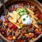 Slow cooker taco soup in white bowl topped with cheese and sour cream