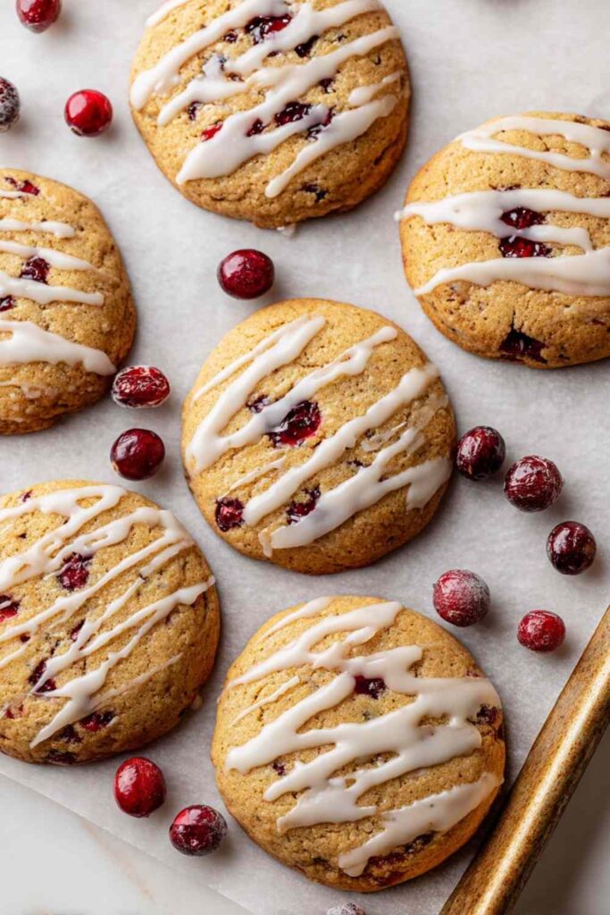 Golden brown cranberry orange cookies drizzled with orange glaze and scattered with sugared cranberries on baking tray