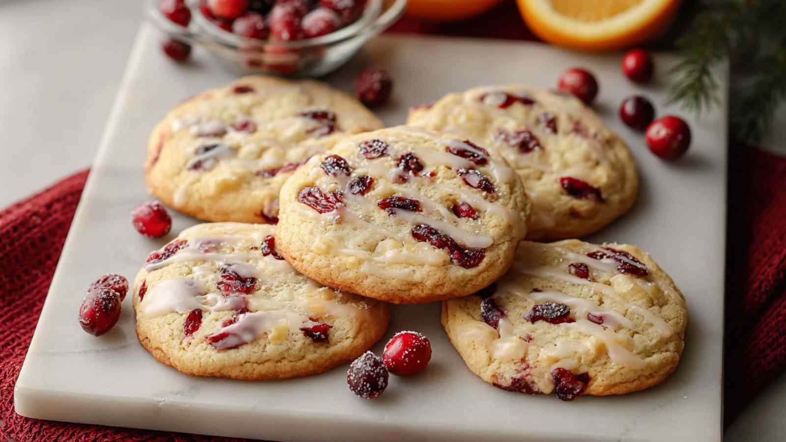 Soft Christmas cranberry orange cookies on marble tray with orange zest and dried cranberries, drizzled with bright citrus glaze