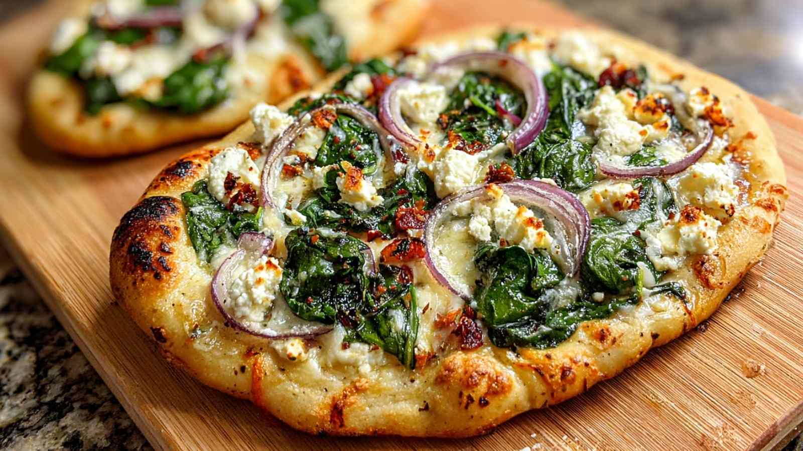 spinach and feta flatbread pizza fresh from oven with melted cheese