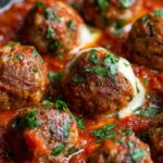 Stuffed meatballs with mozzarella cheese in marinara sauce showing melted cheese center