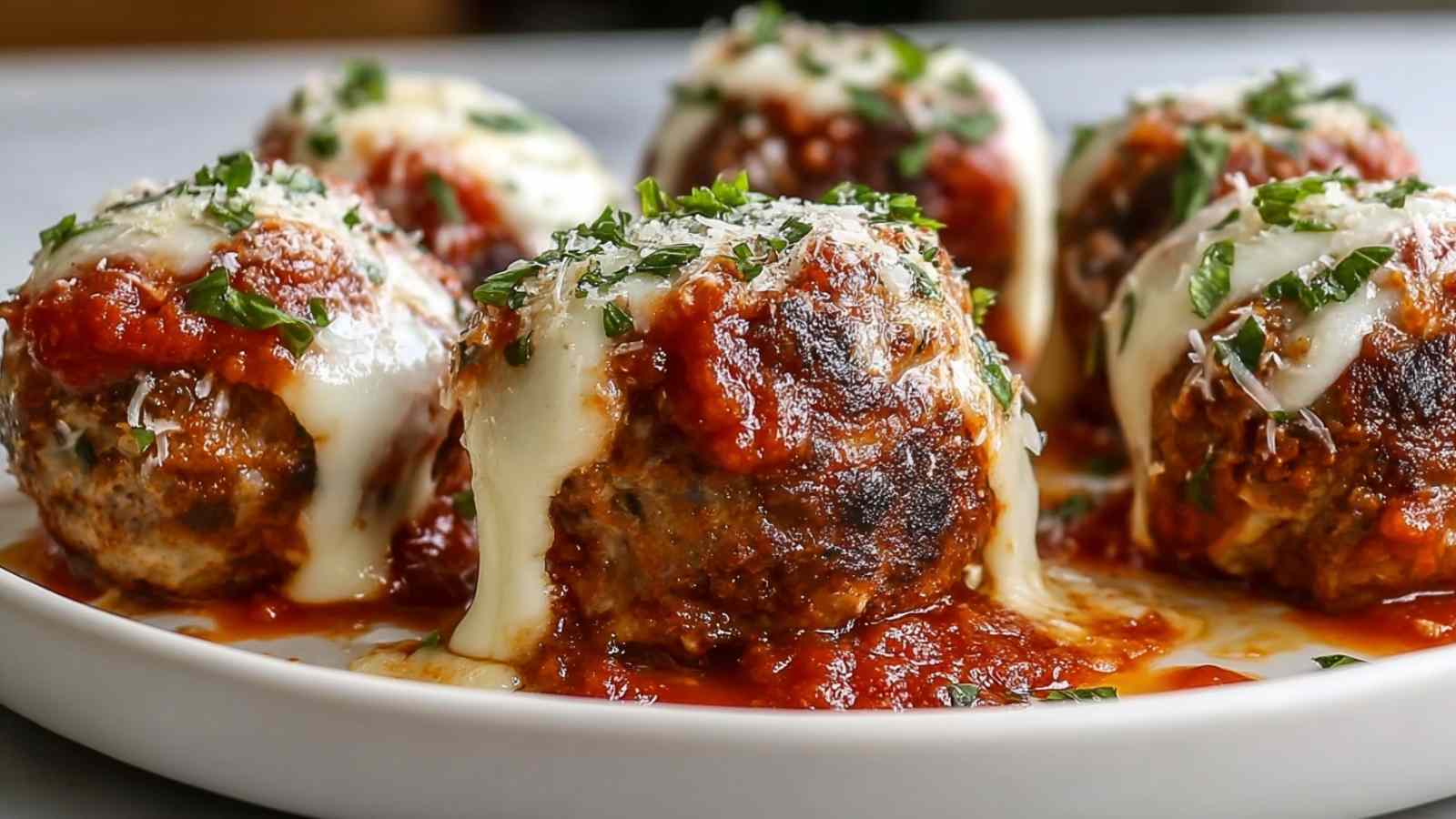 Stuffed meatballs with mozzarella cheese in marinara sauce showing melted cheese center