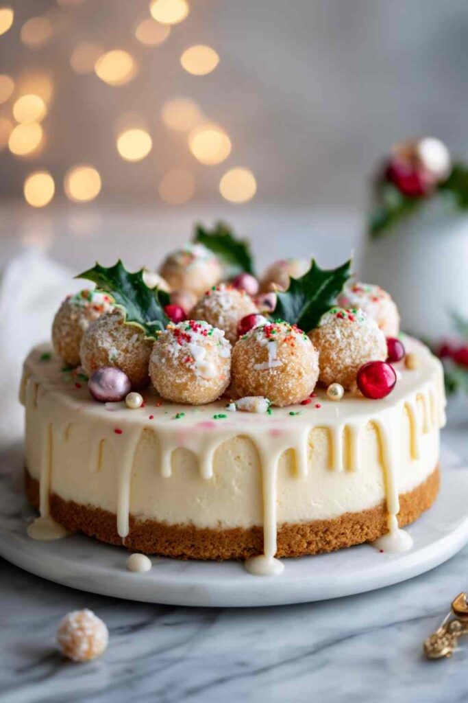 Whole sugar cookie cheesecake topped with white chocolate ganache, cookie dough balls, holly leaves, and red and gold Christmas candies