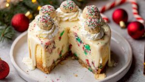 Sliced sugar cookie cheesecake topped with cookie dough balls and Christmas sprinkles, dripping with white chocolate ganache on holiday plate
