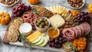 Thanksgiving charcuterie board with assorted cheeses, cured meats, grapes, olives, and mini pumpkins styled on a marble countertop