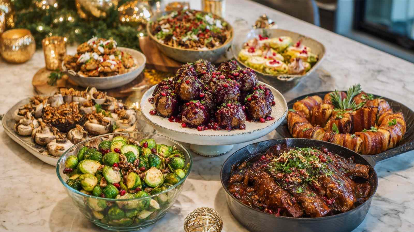 Overhead view of a full Christmas dinner table featuring glazed cranberry meatballs, roasted Brussels sprouts, stuffed mushrooms, pot roast, and bacon-wrapped wreath appetizer