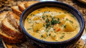 hearty cheddar garlic herb potato soup in white bowl with fresh herbs garnish