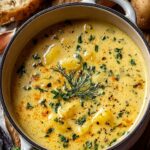 hearty cheddar garlic herb potato soup in white bowl with fresh herbs garnish