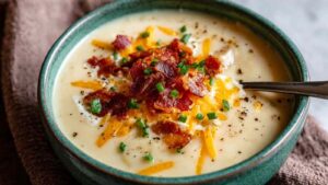 loaded potato soup in white bowl with bacon and cheese toppings