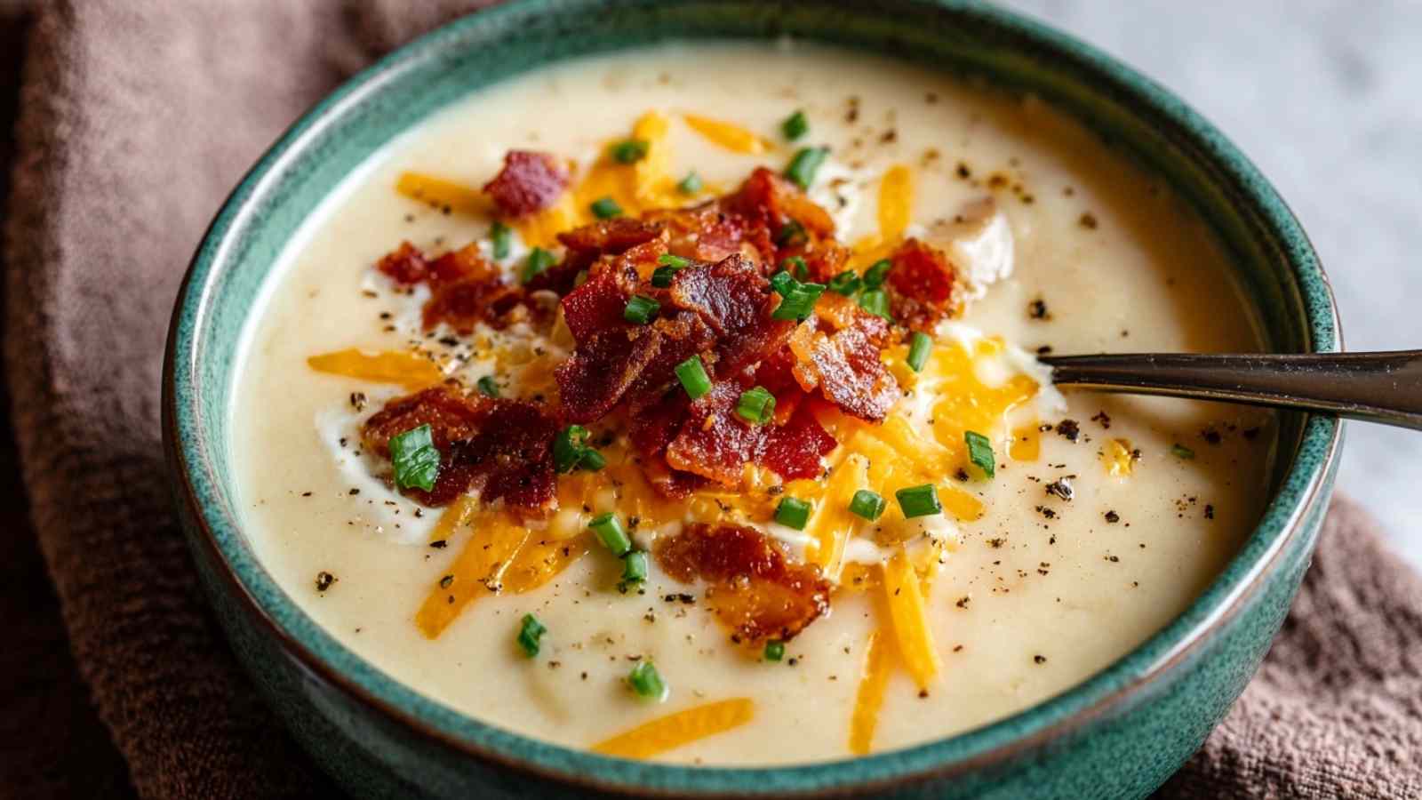 loaded potato soup in white bowl with bacon and cheese toppings