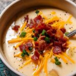 loaded potato soup in white bowl with bacon and cheese toppings