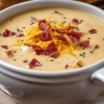 Wisconsin bacon and potato cheese soup in white bowl with bacon garnish