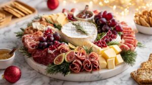Wreath-shaped Christmas charcuterie board with Brie at the center, surrounded by meats, cheeses, fresh fruits, and rosemary sprigs on a marble platter