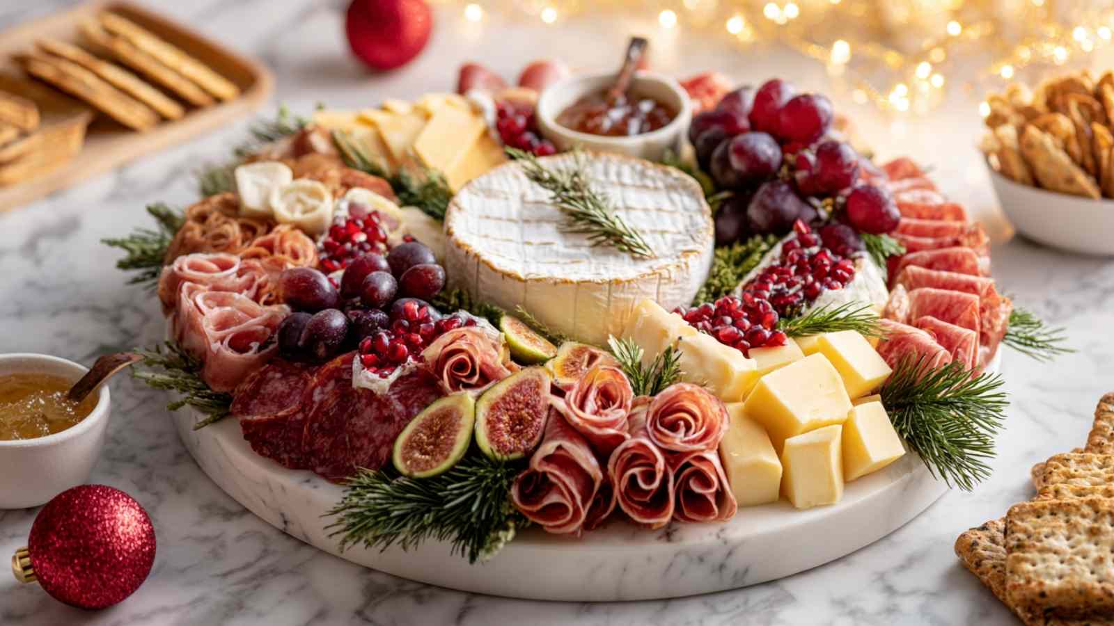 Wreath-shaped Christmas charcuterie board with Brie at the center, surrounded by meats, cheeses, fresh fruits, and rosemary sprigs on a marble platter