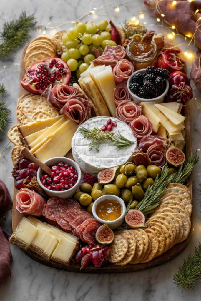 Holiday charcuterie board with Brie, grapes, crackers, olives, blackberries, and sliced meats arranged around a central wheel of cheese on wood board