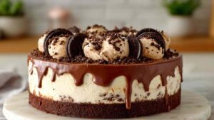 Slice of brownie ice cream cake with hot fudge sauce on white plate