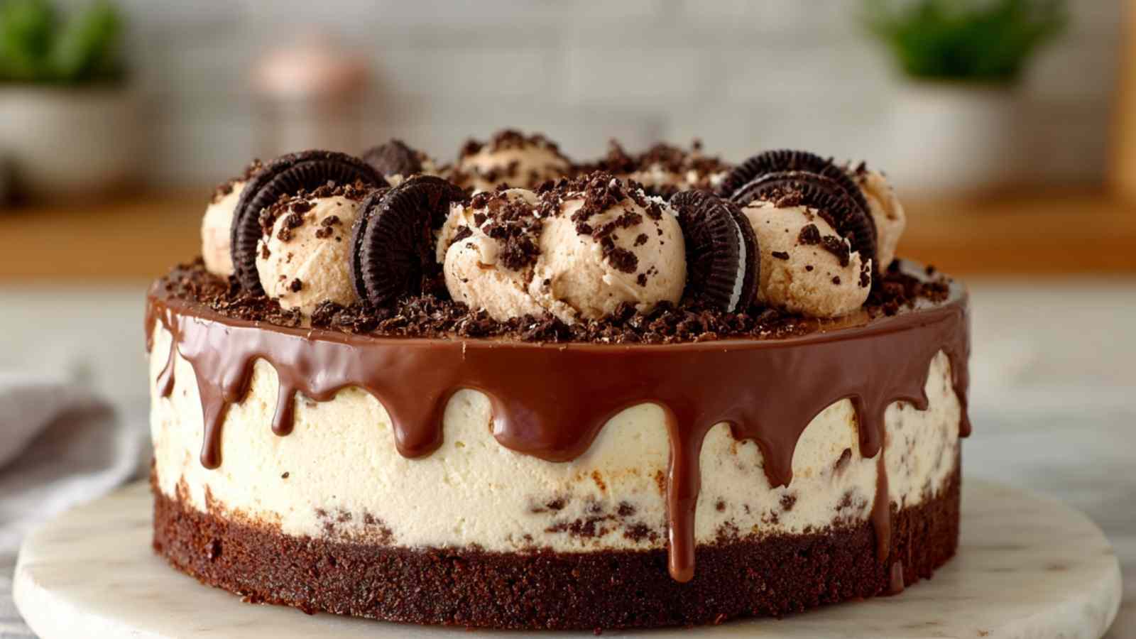 Slice of brownie ice cream cake with hot fudge sauce on white plate
