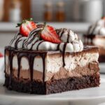 Slice of brownie ice cream cake with hot fudge sauce on white plate