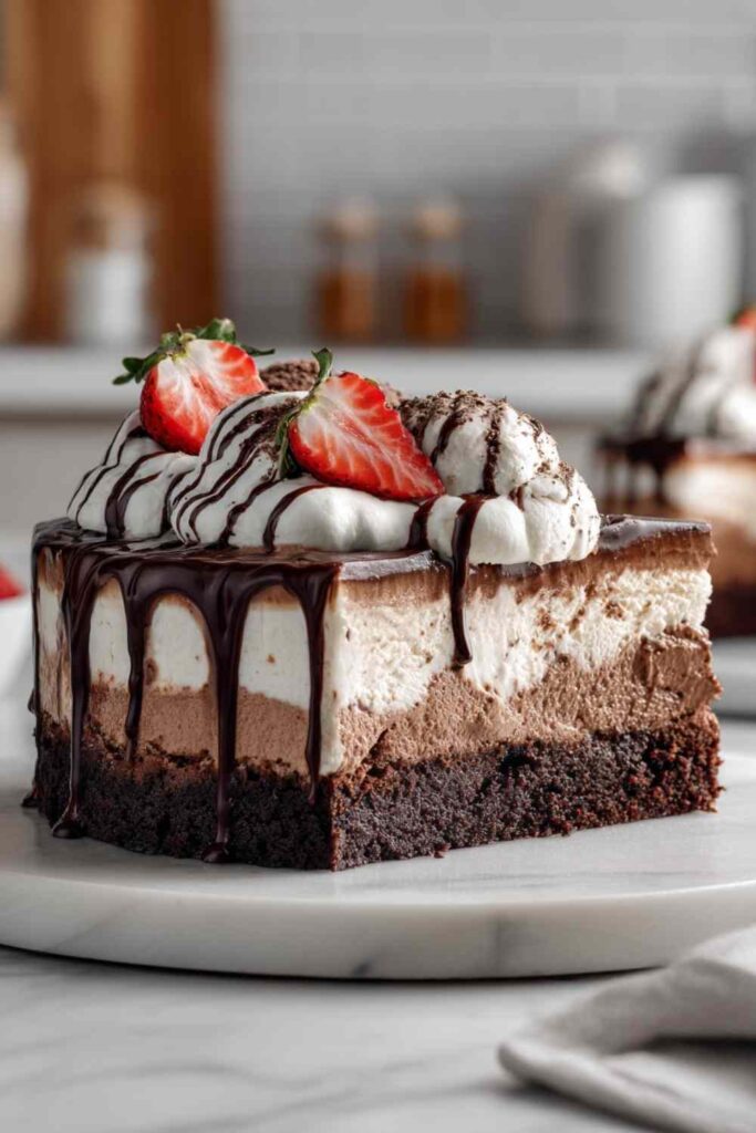 Slice of brownie ice cream cake with hot fudge sauce on white plate