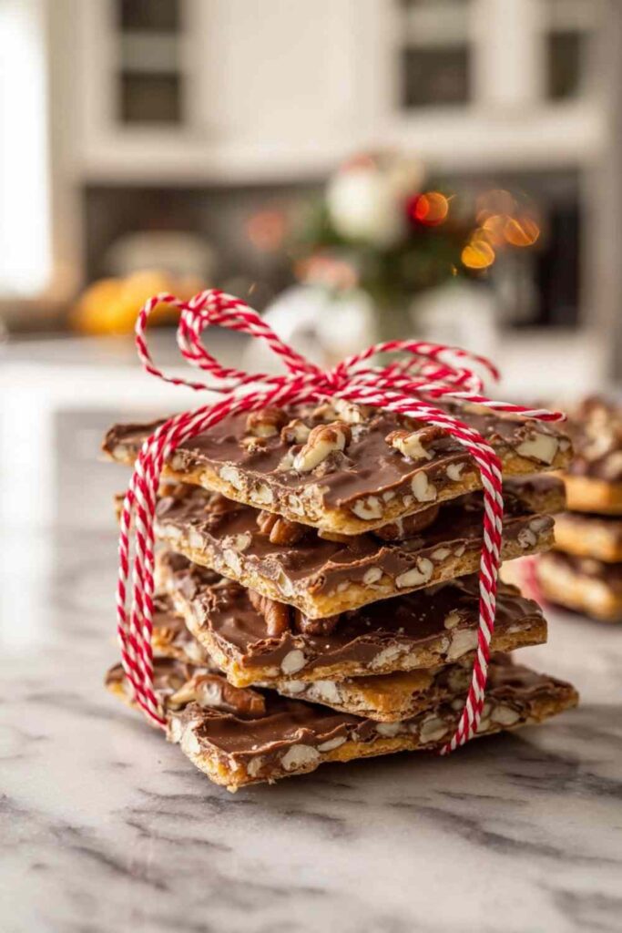 Christmas crack saltine cracker toffee broken into pieces showing layers