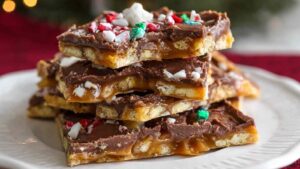 Christmas crack saltine cracker toffee broken into pieces showing layers