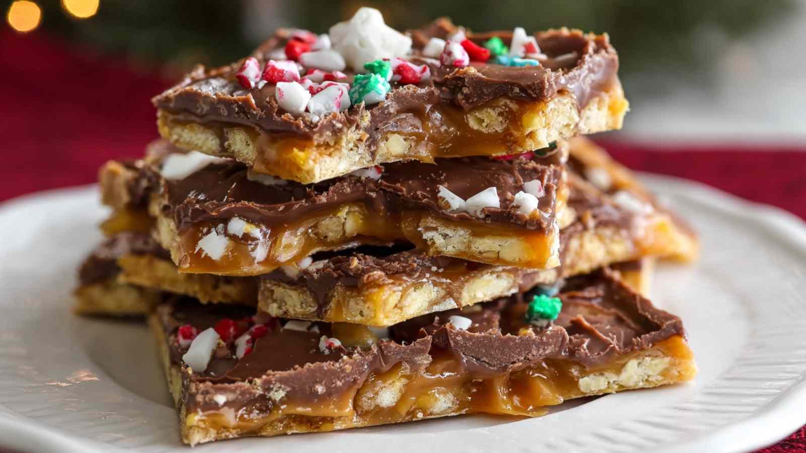 Christmas crack saltine cracker toffee broken into pieces showing layers