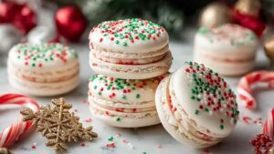 Christmas Tree Cake Macarons with green shells white chocolate drizzle sprinkles