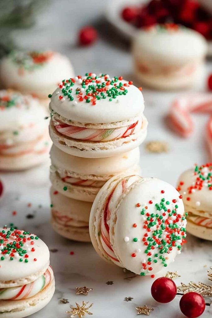 Christmas Tree Cake Macarons with green shells white chocolate drizzle sprinkles