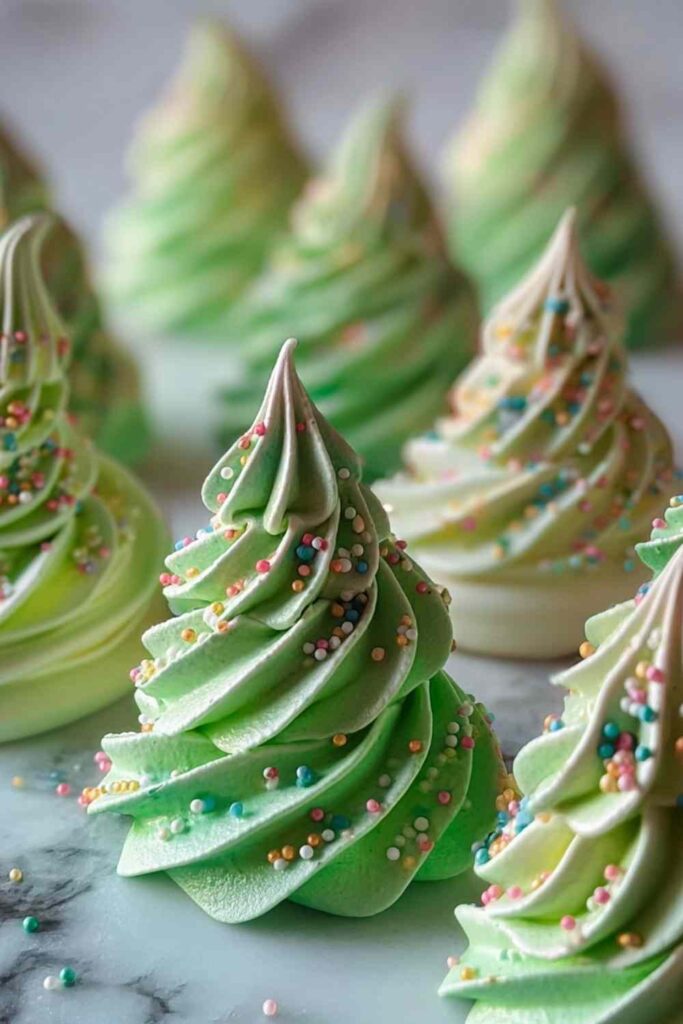 Christmas Tree Meringues being piped with star tip showing tree shape technique