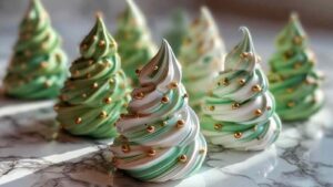 Christmas Tree Meringues being piped with star tip showing tree shape technique