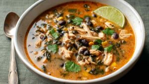 Easy Chicken Poblano Soup Easy chicken poblano soup in white bowl garnished with cilantro