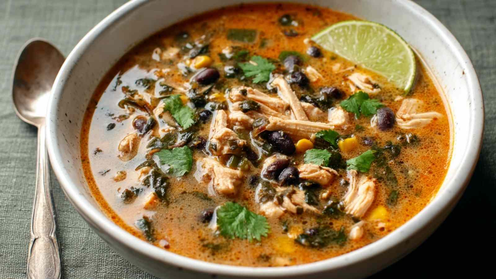 Easy chicken poblano soup in white bowl garnished with cilantro