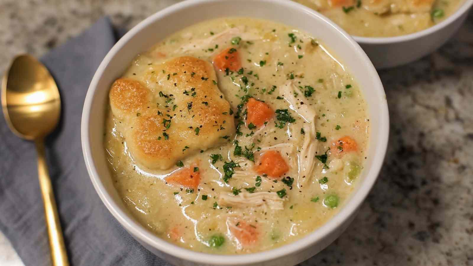 Healthy chicken pot pie soup in white bowls garnished with fresh parsley