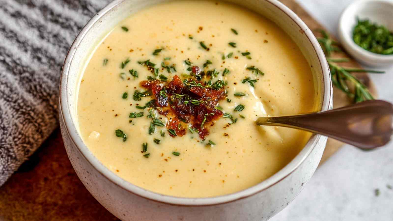 High-protein cream of potato soup in white bowl garnished with chives