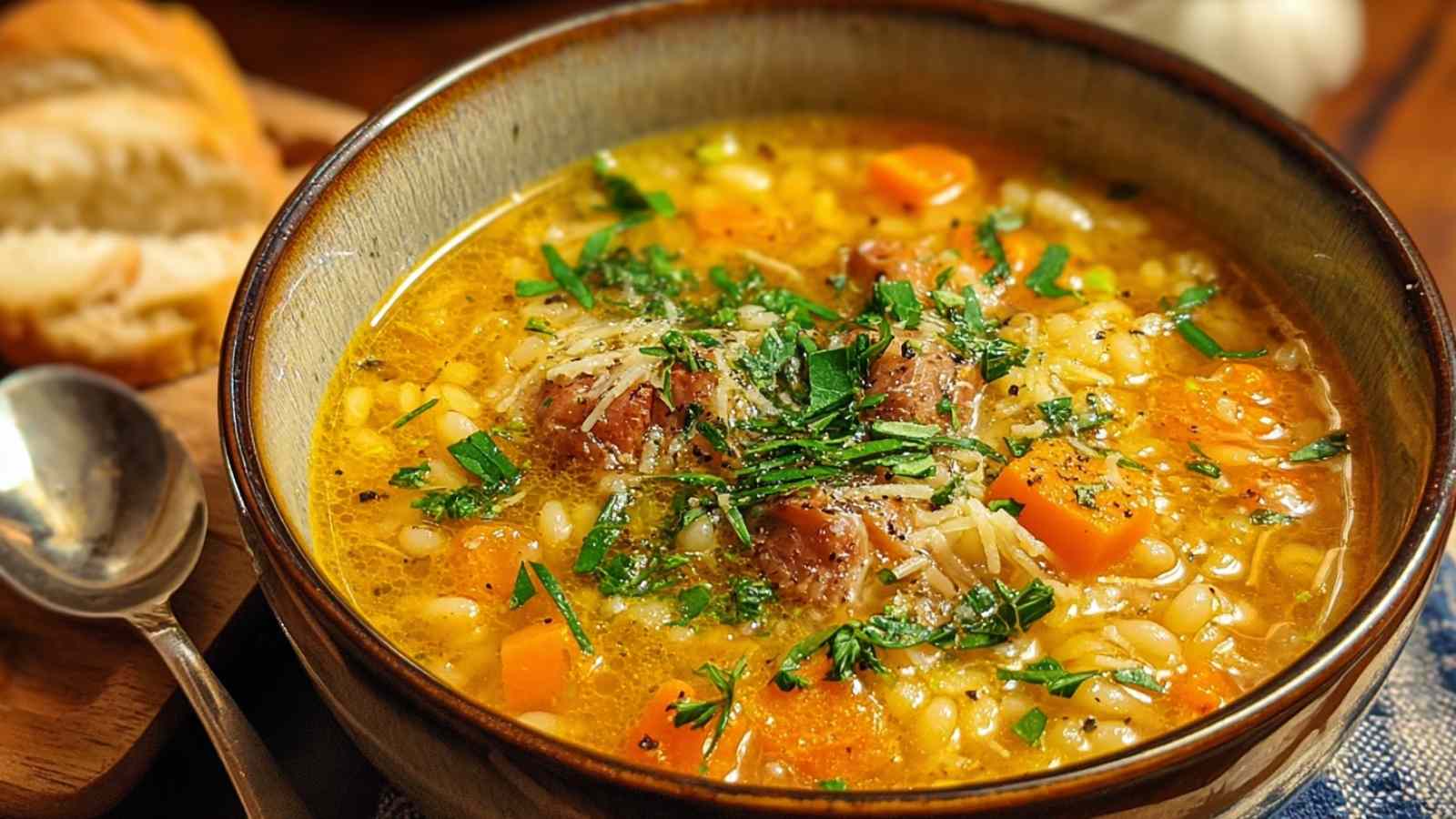 Italian Penicillin Soup Recipe in bowl with herbs and parmesan