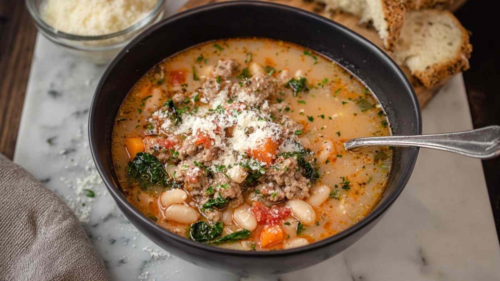 Italian sausage and white bean soup in rustic bowl with herbs