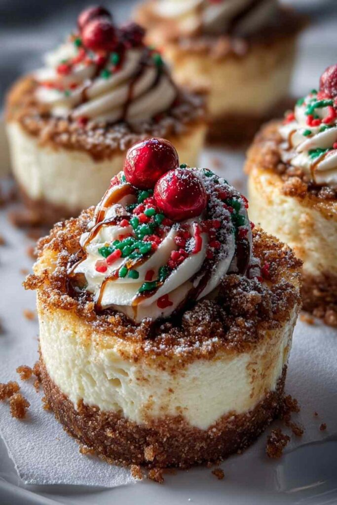 Mini Christmas cheesecakes with red and green sprinkles on white plate