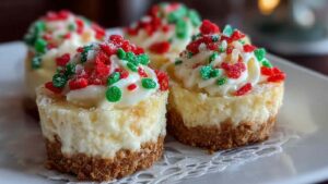 Mini Christmas cheesecakes with red and green sprinkles on white plate