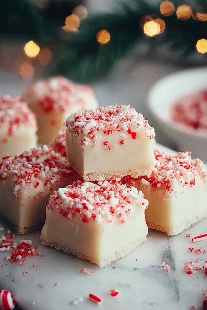 Peppermint meltaways cookies with white frosting and crushed candy garnish on holiday plate
