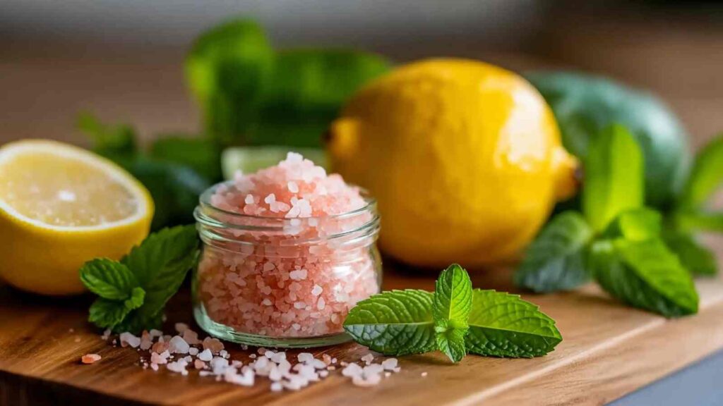 Pink salt lemon water 14 Glass jar of pink Himalayan salt surrounded by fresh lemon halves and mint leaves