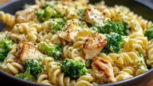 This creamy rotisserie chicken broccoli pasta is ready in just 30 minutes! One-pot comfort food with high protein that's perfect for busy weeknight dinners. Save this easy pasta recipe!