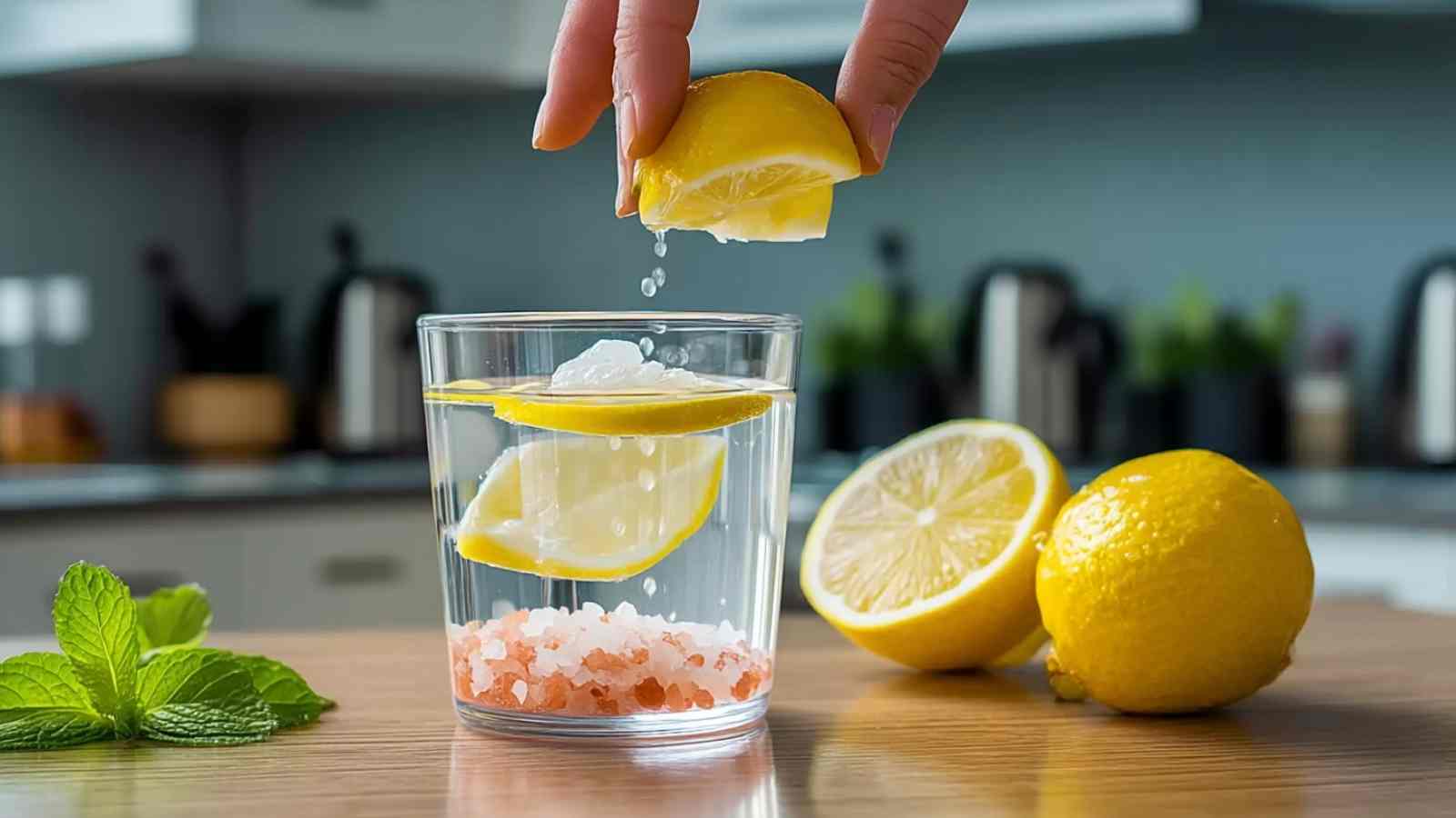 Hand squeezing lemon juice into a glass of water with pink Himalayan salt at the bottom