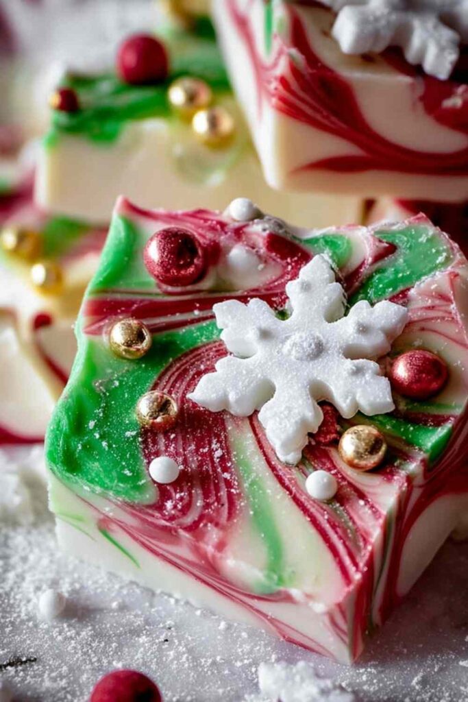 White chocolate Christmas bark with red and green swirls and holiday sprinkles