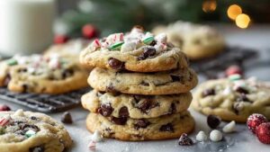 Winter Wonderland Chocolate Chip Cookies with white chocolate drizzle on cooling rack