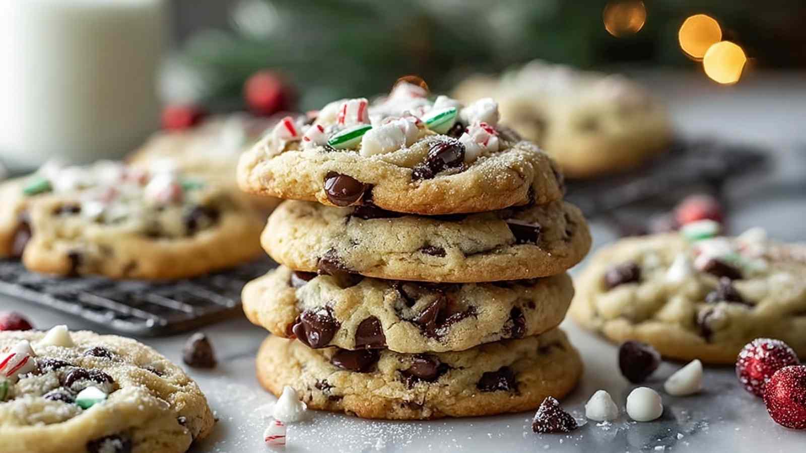 Winter Wonderland Chocolate Chip Cookies with white chocolate drizzle on cooling rack