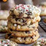 Winter Wonderland Chocolate Chip Cookies with white chocolate drizzle on cooling rack