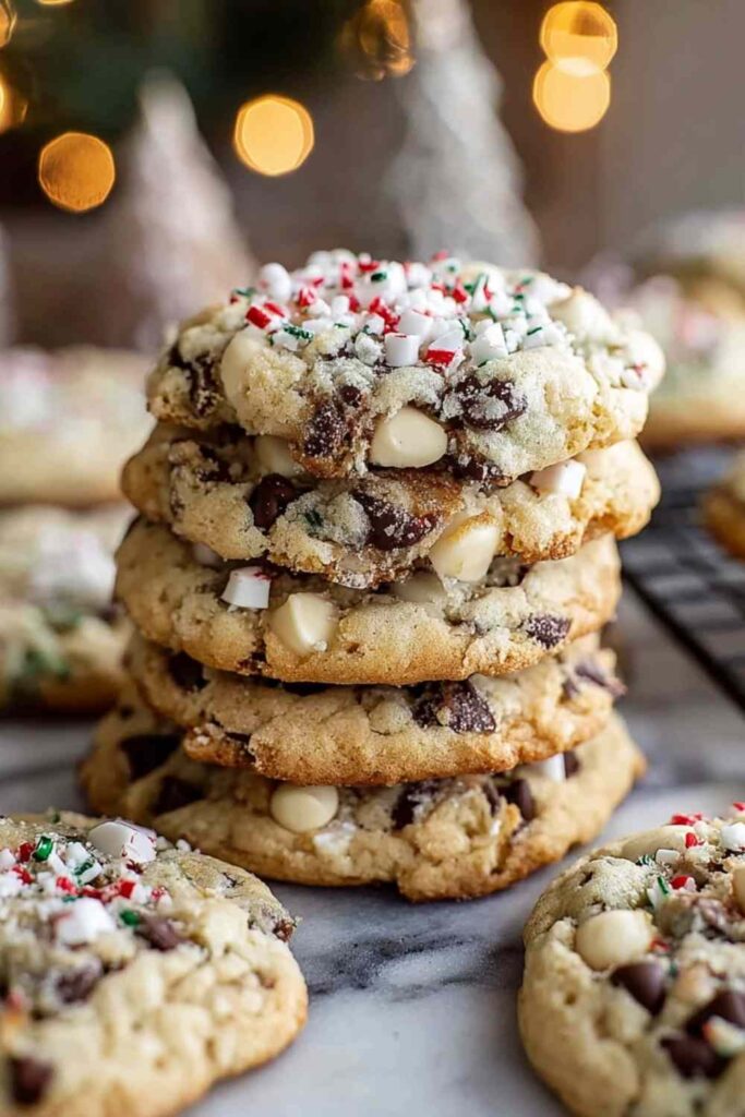Winter Wonderland Chocolate Chip Cookies with white chocolate drizzle on cooling rack