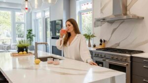 Woman drinking pink salt lemon water in modern kitchen with lemons and pink salt jars on counter 